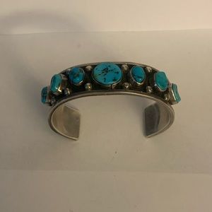 Vintage Navajo Bracelet Sterling Silver Turquoise Artist Signed Vernon Begay.